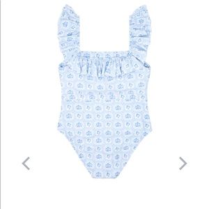 Minnow. Mosaic blue floral ruffle one piece bathing suit. Size S. NWT.